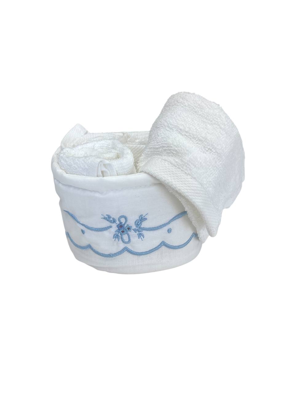 Set 4 lavette + cestino con balza ricamata Nonna Rosetta