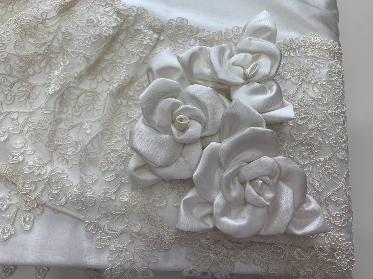 Coordinato coperta + completo lenzuola matrimoniale + tris centrini Desy ghiaccio