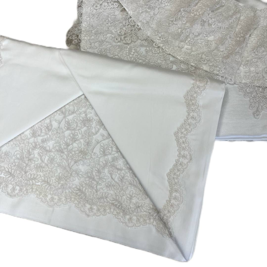 Coordinato coperta + completo lenzuola matrimoniale + tris centrini Desy ghiaccio