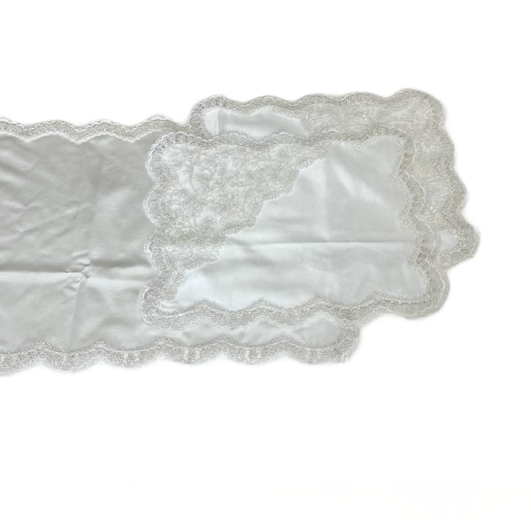 Coordinato coperta + completo lenzuola matrimoniale + tris centrini Desy ghiaccio
