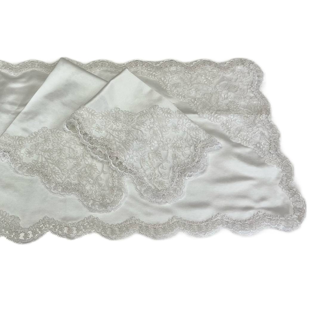 Coordinato coperta + completo lenzuola matrimoniale + tris centrini Desy ghiaccio