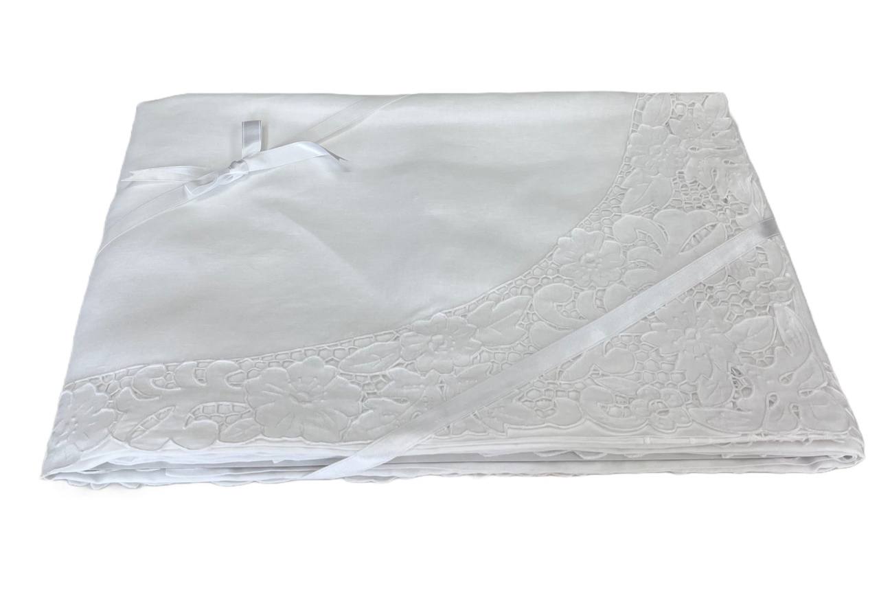 Coordinato lenzuola + copriletto matrimoniale in lino ricamo e intaglio ART: 901 bianco