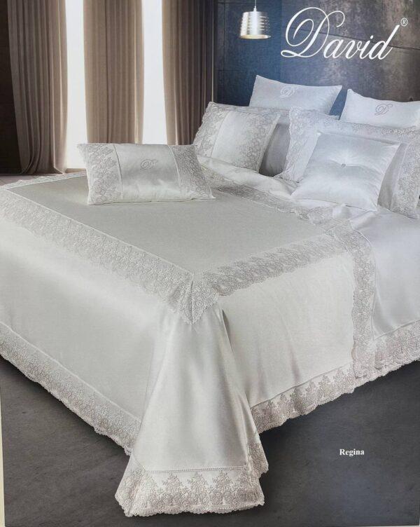 Coordinato letto matrimoniale completo lenzuola + coperta + coppia cuscini arredo Regina Latte