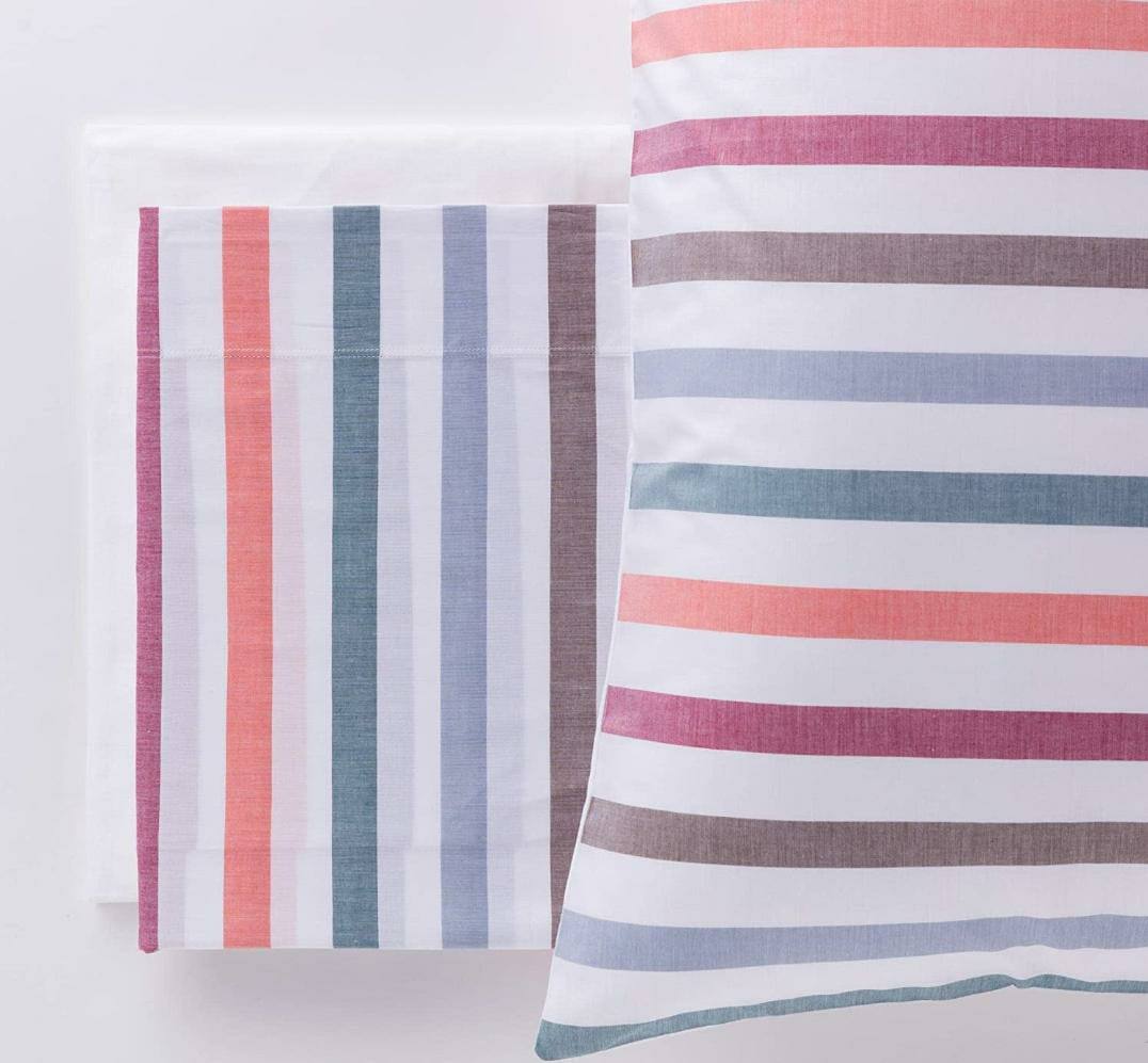Completo lenzuola matrimoniale tinto in filo Olaf Stripe multicolor righe
