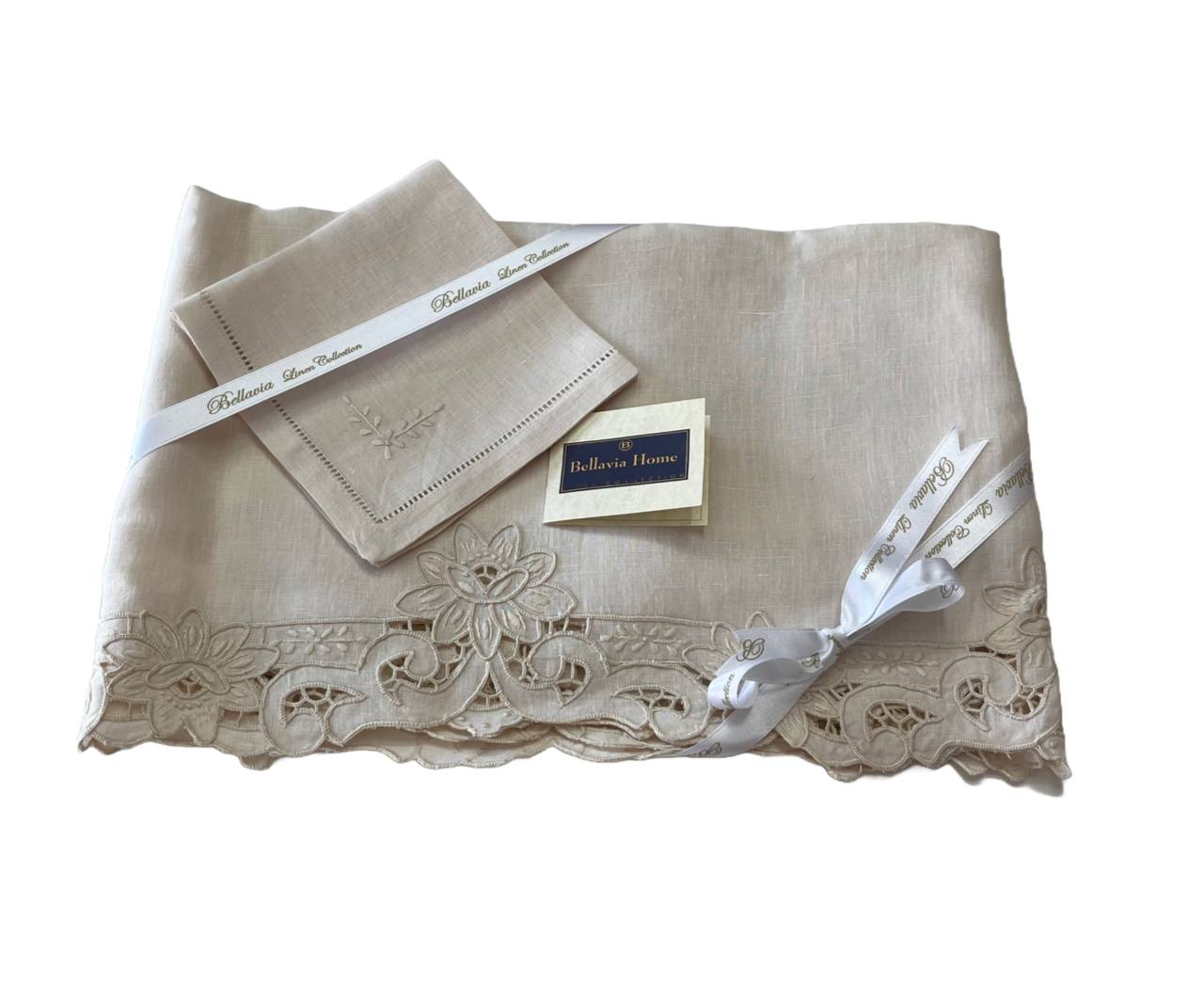 Tovaglietta da té art. NB1313TT 100% lino ecrù ricamo intaglio