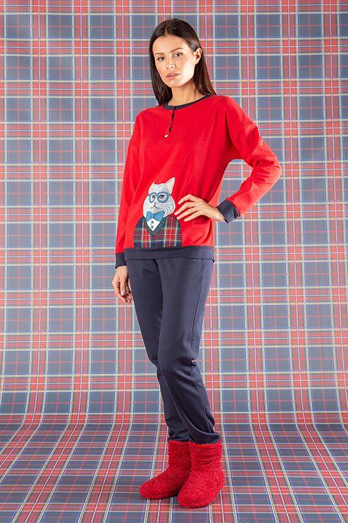 Pigiama donna in caldo cotone Gatto rosso